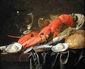 Still life with lobster shrimp roemer oysters and bread by Christian Luycks