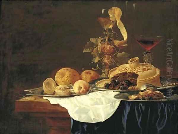A pie on a silver plate, a lemon and peaches on a platter, with hazlenuts on a plate, a roemer and a glass of red wine on a partly-draped table - view 1