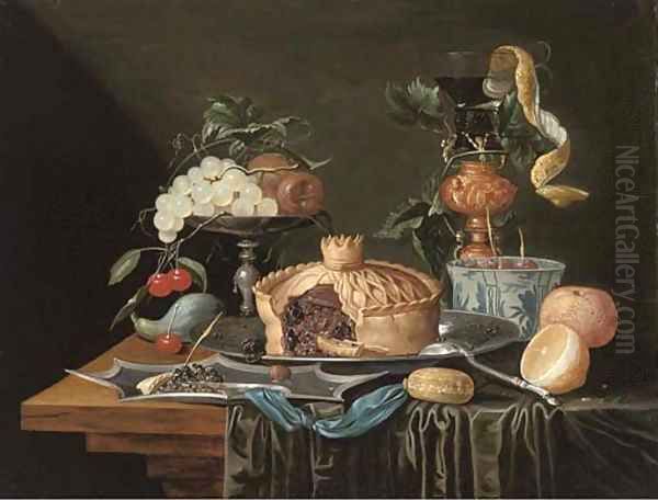 A pie on a pewter plate, grapes and cherries on a pewter tazza, a partly-peeled lemon in a glass roemer and a Dutch delft blue - view 1