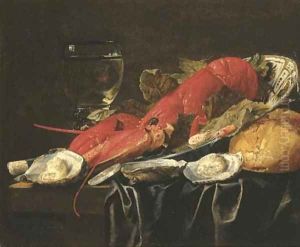 A lobster, shrimps and vine leaves in a Wanli 'kraak' porcelein bowl, a roemer, oysters and a loaf of bread on a partially draped table by Christian Luycks