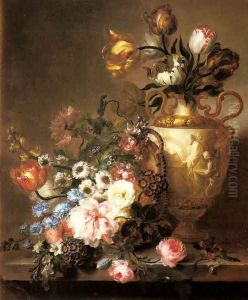 A Still Life with Assorted Flowers in a Basket and Tulips in a Classical Vase on a Ledge by Ange Louis Lesourd-Beauregard