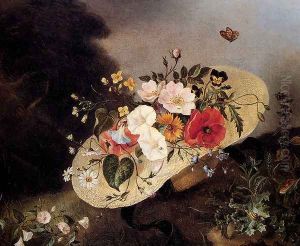 Still Life With Assorted Flowers In A Hat by Ange Louis Lesourd-Beauregard