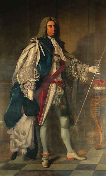 Portrait of Charles, 2nd Duke of Grafton (1683-1757), full-length, in Garter robes, holding a wand of office, beside a table on which rests his corone - view 1