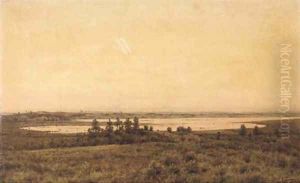 A panoramic view of a lake at sunset by Jean-Pierre-Francois Lamoriniere
