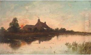 A riverside cottage at sunset by Jean-Pierre-Francois Lamoriniere