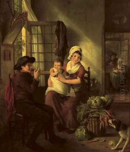 A family in an interior with a dog nearby by Adriaan de Lelie
