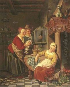 A kitchen interior with a maid asleep, her employers looking on