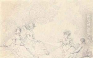 Elegant company picnicking in the wood by Louis Lafitte