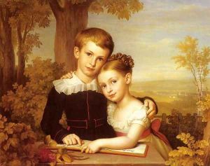 Portrait of two Children with an extensive Landscape beyond by Carl Jacob Leybold