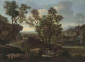 An Italianate Wooded River Landscape With A Shepherd And His Flockon A Track by Gaspard Dughet