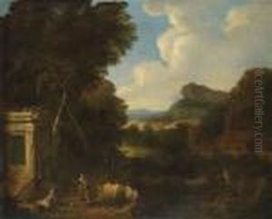 A Wide Mountainous Landscape With Amonument And Figures by Gaspard Dughet