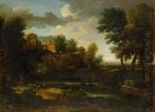 A Peasant Resting Beside His Dog, In A Classical Landscape - view 1