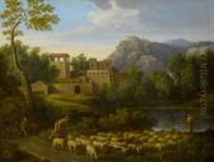 Classical Figures In An 
Italianate Landscape, Driving A Flock Before A Lake, A Village In The 
Distance And A Mountain On The Horizon
