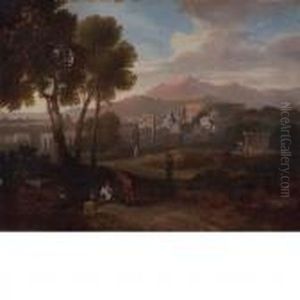 Figures In Landscape With Romein The Middle Distance by Gaspard Dughet
