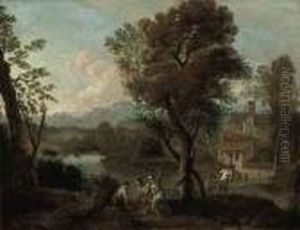 An Italianate River Landscape With Peasants Beside A Tree, A Fortified City Beyond by Gaspard Dughet