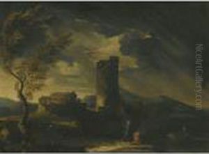 A Thunderous Classical Landscape
 With Two Figures Waiting For Aboat To Come To Shore, A Village And 
Ruins To The Left