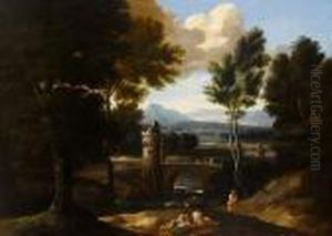 Figures Resting Before A Classical Landscape,a Bridge Beyond
