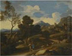 An Italianate Landscape With Goat Herders Driving Their Flock Along
The Path In The Foregound