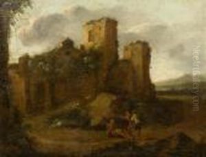 Three Men In Front Of A Ruin by Gaspard Dughet