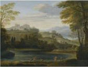 A Classical Landscape With Fishermen Drawing In Their Nets by Gaspard Dughet