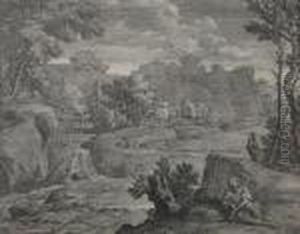 Landscape With Waterfall And Seated Figure by Gaspard Dughet
