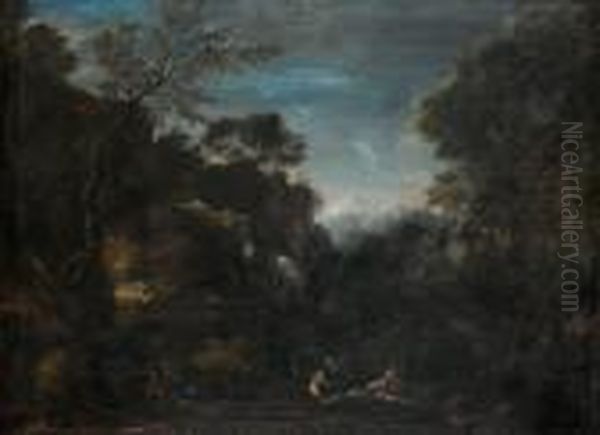 A Fisherman And Figures Beside A Lake In A Classical Mountainous Landscape - view 1
