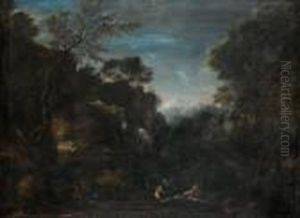A Fisherman And Figures Beside A Lake In A Classical Mountainous Landscape by Gaspard Dughet