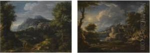 A Mountainous Wooded River Landscape With Travellers On A Path In The Foreground by Gaspard Dughet
