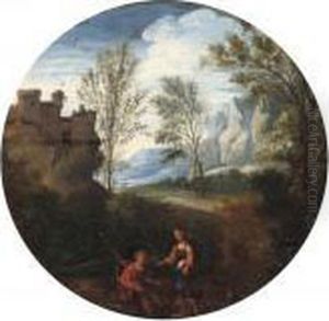A Wooded Italianate Landscape With Figures In The Foreground, A Fortified Town Beyond by Gaspard Dughet