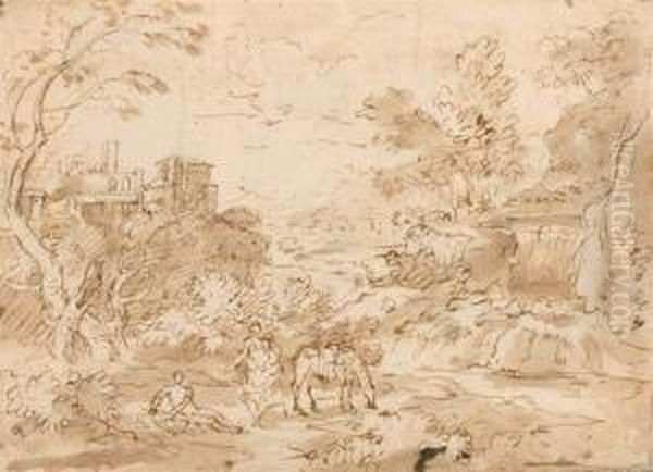 Italian Landscape With Resting Figures And Horse. - view 1