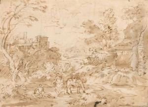 Italian Landscape With Resting Figures And Horse. by Gaspard Dughet