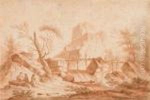 Italian Landscape With Resting Figures By A Wooden Bridge. by Gaspard Dughet