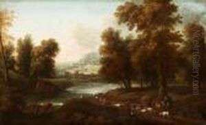 Pastoralt Landskap Med Herde Och Farhjord by Gaspard Dughet