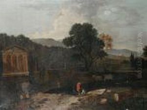 An Italianate Landscape With Ruins, Peasantsand Cattle By A River by Gaspard Dughet