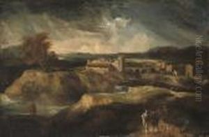 A Classical Wooded River Landscape With Figures On A Track And Atown Beyond by Gaspard Dughet