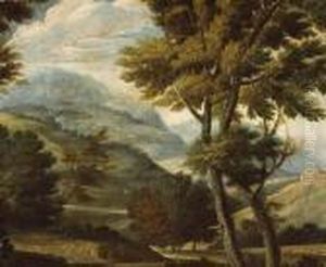 An Extensive Landscape With Figures On Aroad by Gaspard Dughet