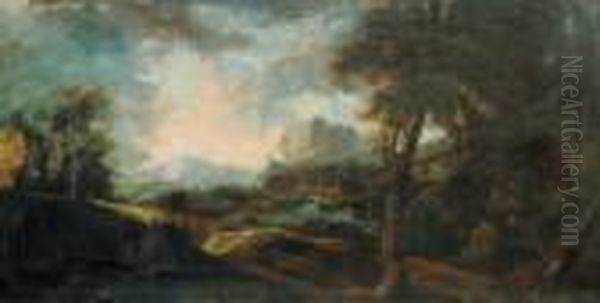 Bewaldete Flusslandschaft Mit Einem Dorf - view 1