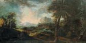Bewaldete Flusslandschaft Mit Einem Dorf by Gaspard Dughet
