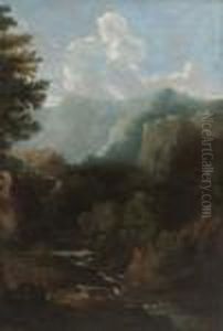 An Italianate Wooded River 
Landscape With Figures Resting On A Bank, A Classical Building Above A 
Waterfall Beyond by Gaspard Dughet