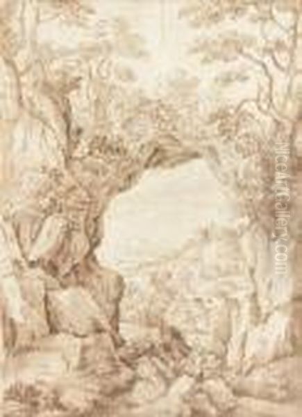 Paysage Au Travers D'une Arche
 Plume Et Encres Brune Et Noire Sur Trait De Sanguine, Lavis Brun - view 1