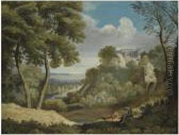 A Landscape With Two Figures In The Foreground And A Fortified Town Beyond - view 1