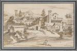 Classical Landscape With A City, In The Foreground A Man With A Staff, Leading A Child. Classical Landscape With A City, In The Foreground A Man With A Staff, Leading A Child.