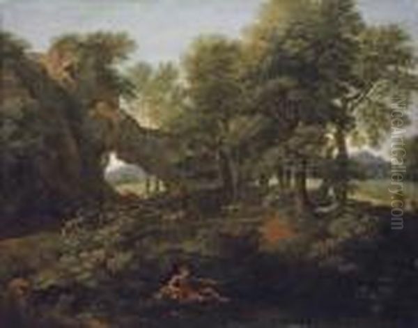 A Wooded Landscape With A
Fisherman On The Bank And A Goat Herder And His Flock On A Path Beyond - view 1