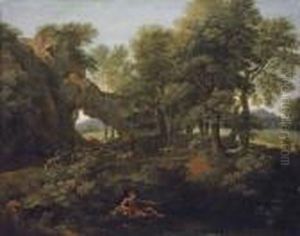 A Wooded Landscape With A
Fisherman On The Bank And A Goat Herder And His Flock On A Path Beyond by Gaspard Dughet