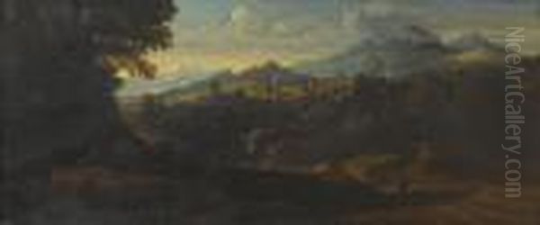 An Extensive Wooded Landscape
With Figures Resting Beside A Country Path, A Waterfall And Mountains
Beyond - view 1
