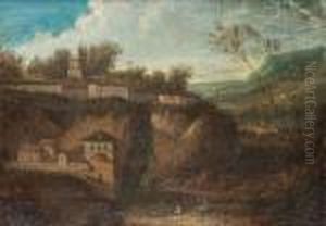 An Italianate Landscape With Figures Beside A Lake And A Hilltop Village Beyond by Gaspard Dughet