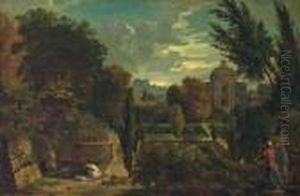 Mountainlandscape With Two Men Watching A Woman Bathing