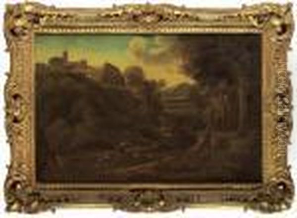 An Italianate Wooded Landscape With A Shepherd And Sheep On A Path - view 1