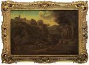 An Italianate Wooded Landscape With A Shepherd And Sheep On A Path by Gaspard Dughet