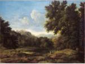 An Italianate Landscape With
Figures Resting Near A Pond, A Fortified Hilltop Town Beyond An Italianate Landscape With
Figures Resting Near A Pond, A Fortified Hilltop Town Beyond